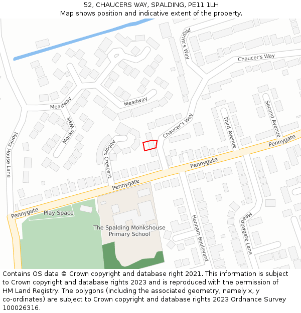 52, CHAUCERS WAY, SPALDING, PE11 1LH: Location map and indicative extent of plot