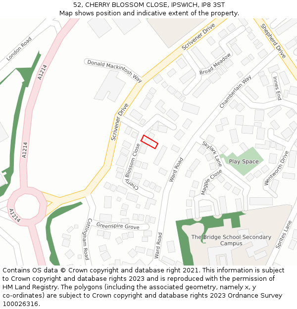52, CHERRY BLOSSOM CLOSE, IPSWICH, IP8 3ST: Location map and indicative extent of plot