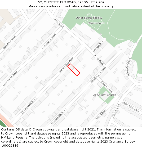 52, CHESTERFIELD ROAD, EPSOM, KT19 9QP: Location map and indicative extent of plot