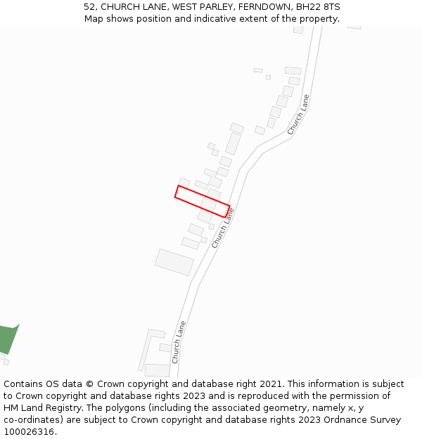 52, CHURCH LANE, WEST PARLEY, FERNDOWN, BH22 8TS: Location map and indicative extent of plot