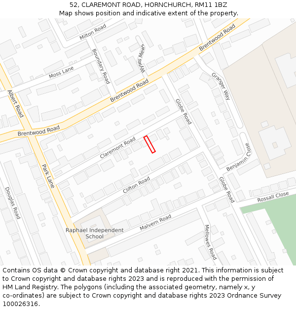 52, CLAREMONT ROAD, HORNCHURCH, RM11 1BZ: Location map and indicative extent of plot