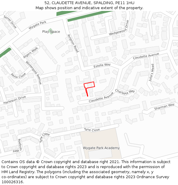 52, CLAUDETTE AVENUE, SPALDING, PE11 1HU: Location map and indicative extent of plot