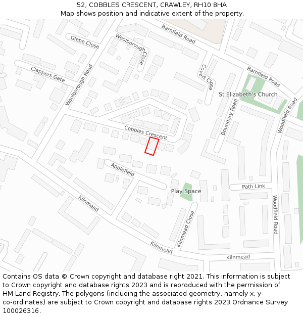 52, COBBLES CRESCENT, CRAWLEY, RH10 8HA: Location map and indicative extent of plot