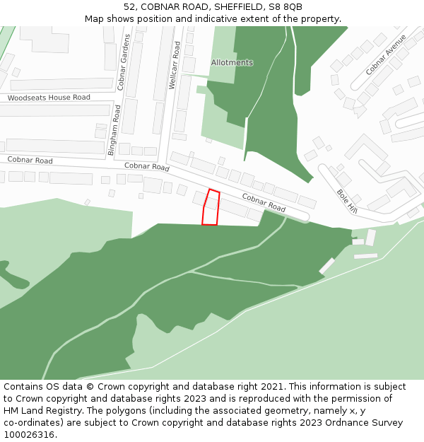 52, COBNAR ROAD, SHEFFIELD, S8 8QB: Location map and indicative extent of plot