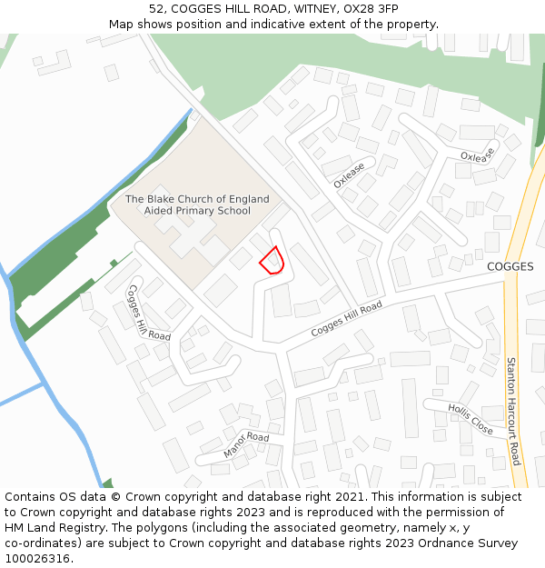 52, COGGES HILL ROAD, WITNEY, OX28 3FP: Location map and indicative extent of plot