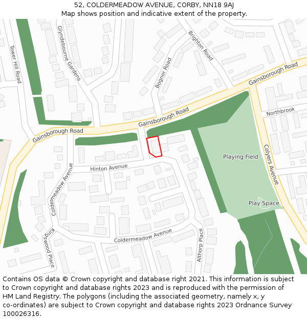52, COLDERMEADOW AVENUE, CORBY, NN18 9AJ: Location map and indicative extent of plot