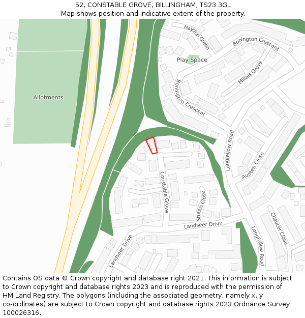 52, CONSTABLE GROVE, BILLINGHAM, TS23 3GL: Location map and indicative extent of plot