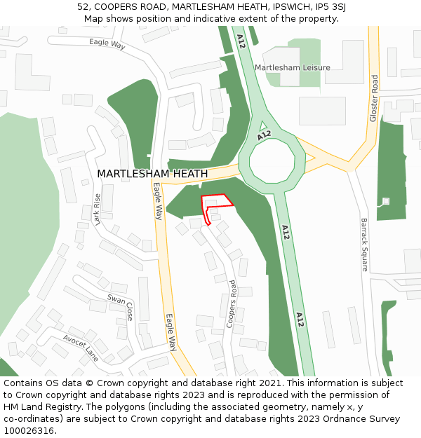 52, COOPERS ROAD, MARTLESHAM HEATH, IPSWICH, IP5 3SJ: Location map and indicative extent of plot