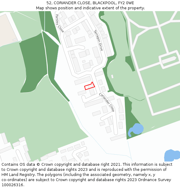 52, CORIANDER CLOSE, BLACKPOOL, FY2 0WE: Location map and indicative extent of plot