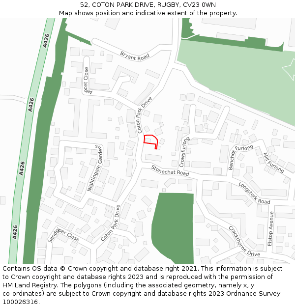 52, COTON PARK DRIVE, RUGBY, CV23 0WN: Location map and indicative extent of plot