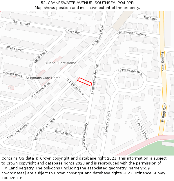 52, CRANESWATER AVENUE, SOUTHSEA, PO4 0PB: Location map and indicative extent of plot