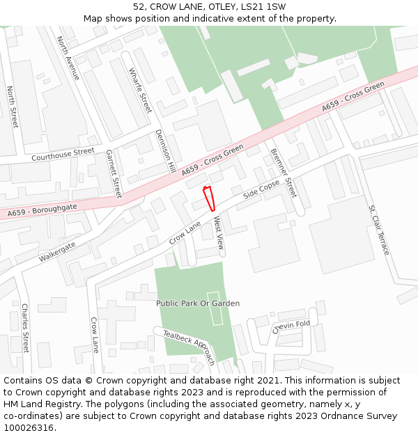 52, CROW LANE, OTLEY, LS21 1SW: Location map and indicative extent of plot