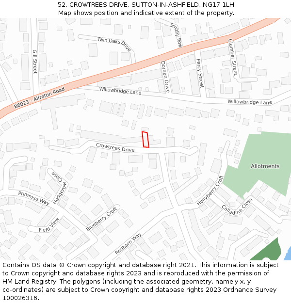 52, CROWTREES DRIVE, SUTTON-IN-ASHFIELD, NG17 1LH: Location map and indicative extent of plot