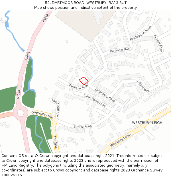 52, DARTMOOR ROAD, WESTBURY, BA13 3UT: Location map and indicative extent of plot