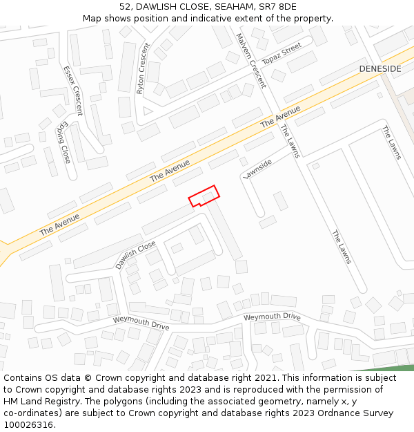 52, DAWLISH CLOSE, SEAHAM, SR7 8DE: Location map and indicative extent of plot