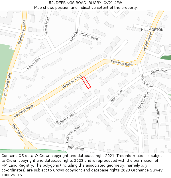 52, DEERINGS ROAD, RUGBY, CV21 4EW: Location map and indicative extent of plot