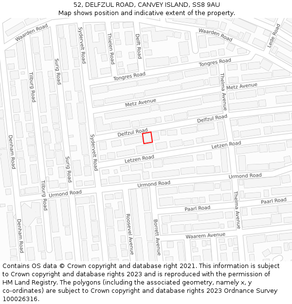 52, DELFZUL ROAD, CANVEY ISLAND, SS8 9AU: Location map and indicative extent of plot