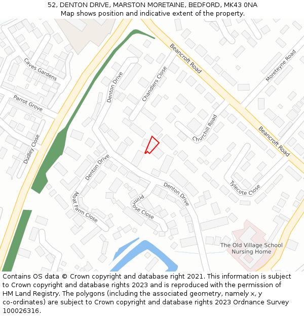 52, DENTON DRIVE, MARSTON MORETAINE, BEDFORD, MK43 0NA: Location map and indicative extent of plot