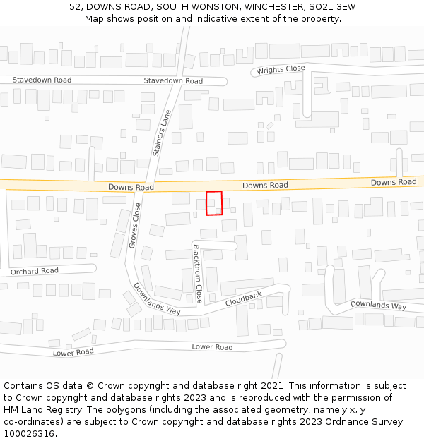 52, DOWNS ROAD, SOUTH WONSTON, WINCHESTER, SO21 3EW: Location map and indicative extent of plot