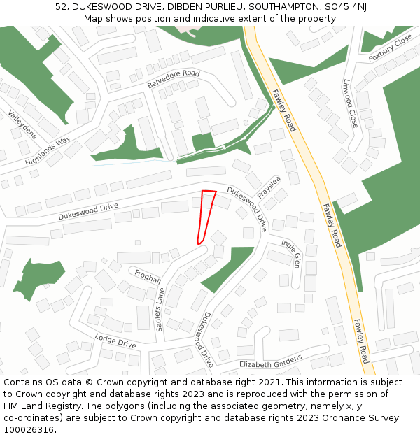 52, DUKESWOOD DRIVE, DIBDEN PURLIEU, SOUTHAMPTON, SO45 4NJ: Location map and indicative extent of plot