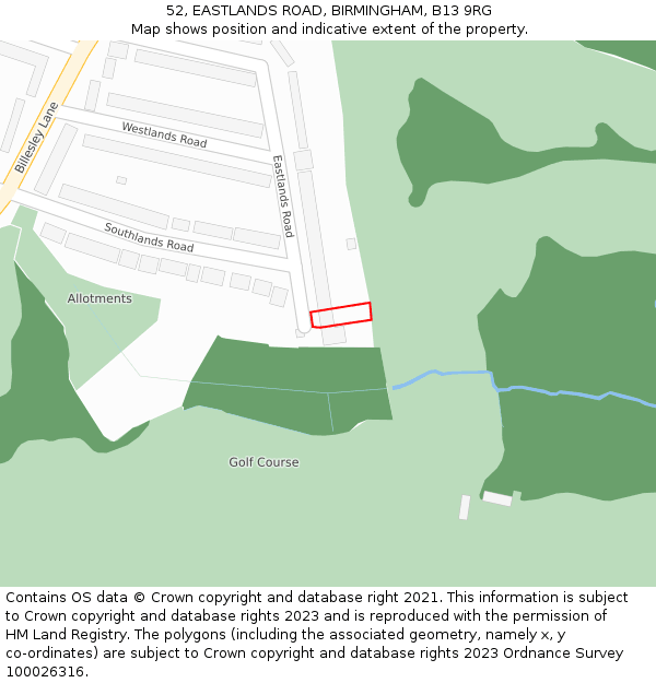 52, EASTLANDS ROAD, BIRMINGHAM, B13 9RG: Location map and indicative extent of plot
