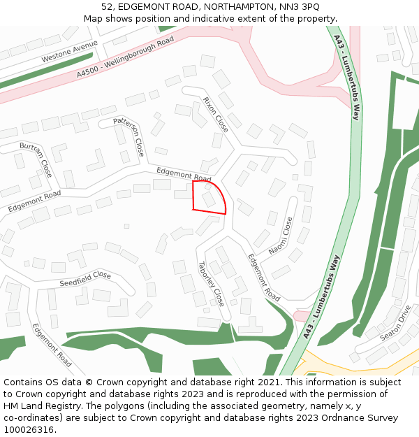 52, EDGEMONT ROAD, NORTHAMPTON, NN3 3PQ: Location map and indicative extent of plot