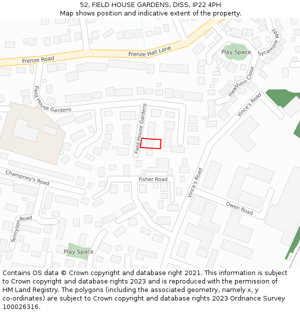 52, FIELD HOUSE GARDENS, DISS, IP22 4PH: Location map and indicative extent of plot