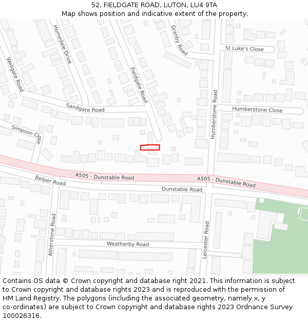 52, FIELDGATE ROAD, LUTON, LU4 9TA: Location map and indicative extent of plot
