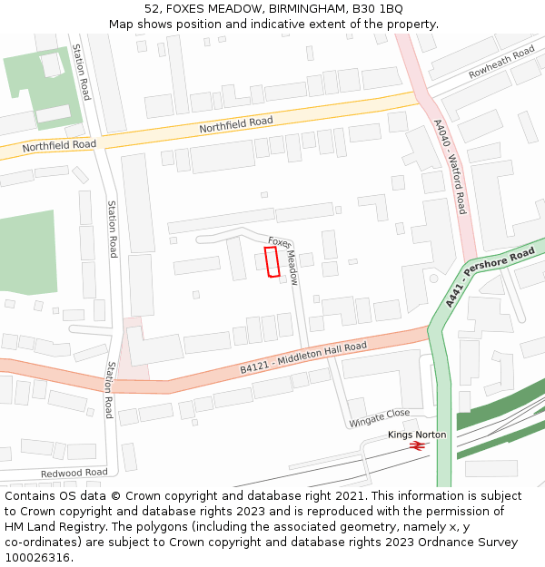 52, FOXES MEADOW, BIRMINGHAM, B30 1BQ: Location map and indicative extent of plot