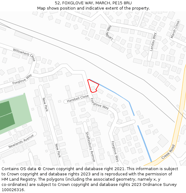 52, FOXGLOVE WAY, MARCH, PE15 8RU: Location map and indicative extent of plot