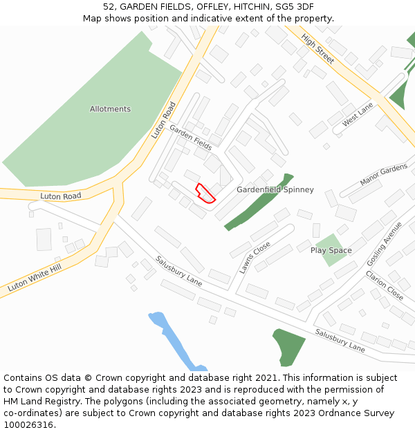 52, GARDEN FIELDS, OFFLEY, HITCHIN, SG5 3DF: Location map and indicative extent of plot