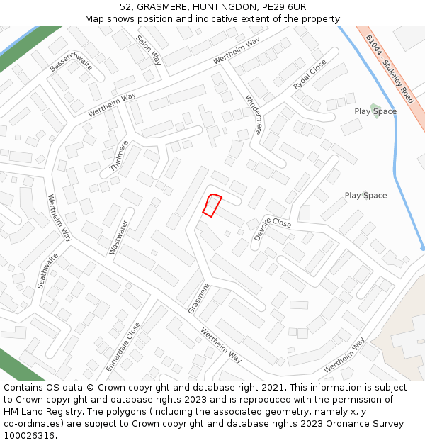 52, GRASMERE, HUNTINGDON, PE29 6UR: Location map and indicative extent of plot