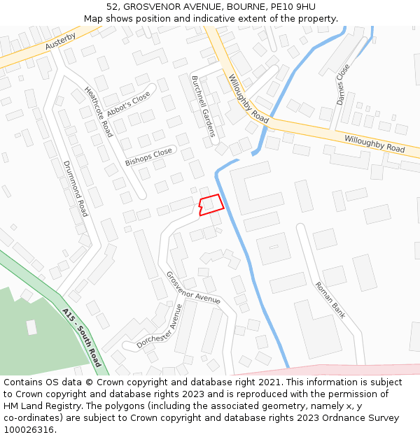 52, GROSVENOR AVENUE, BOURNE, PE10 9HU: Location map and indicative extent of plot