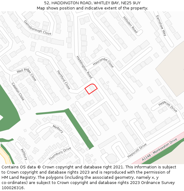 52, HADDINGTON ROAD, WHITLEY BAY, NE25 9UY: Location map and indicative extent of plot