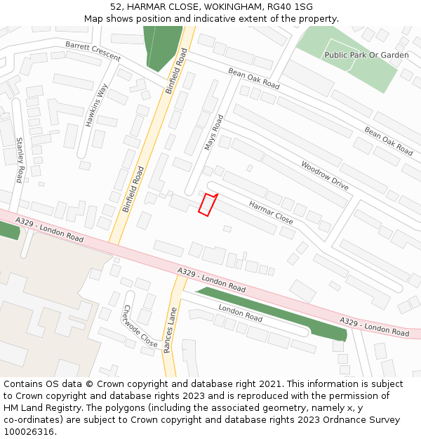 52, HARMAR CLOSE, WOKINGHAM, RG40 1SG: Location map and indicative extent of plot