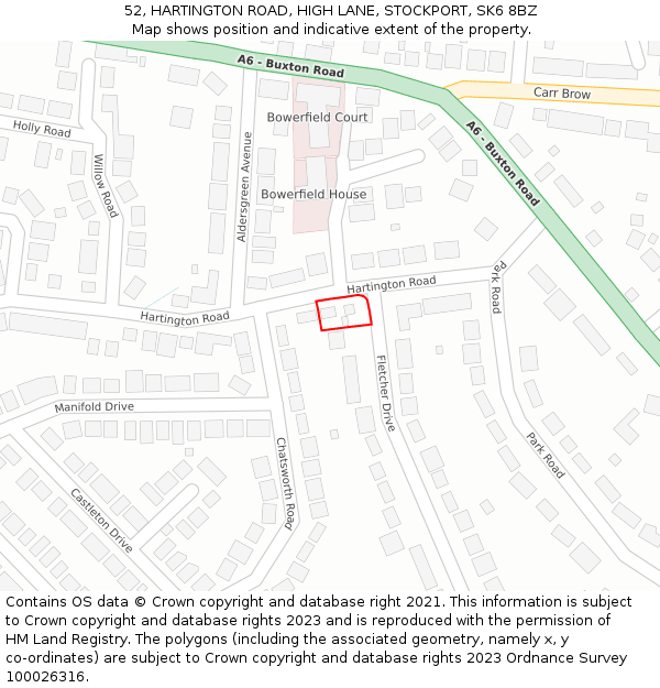 52, HARTINGTON ROAD, HIGH LANE, STOCKPORT, SK6 8BZ: Location map and indicative extent of plot
