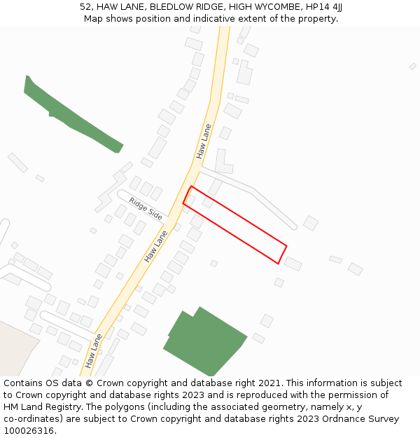 52, HAW LANE, BLEDLOW RIDGE, HIGH WYCOMBE, HP14 4JJ: Location map and indicative extent of plot