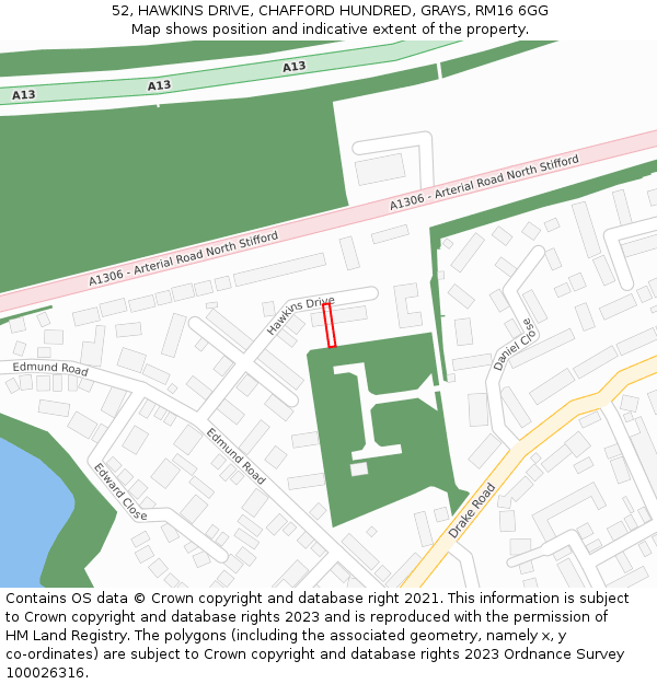 52, HAWKINS DRIVE, CHAFFORD HUNDRED, GRAYS, RM16 6GG: Location map and indicative extent of plot