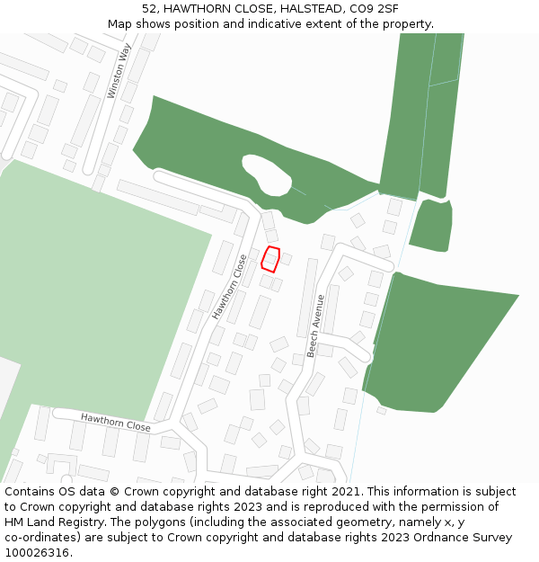 52, HAWTHORN CLOSE, HALSTEAD, CO9 2SF: Location map and indicative extent of plot