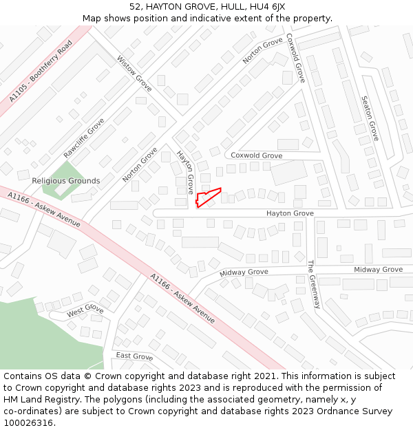 52, HAYTON GROVE, HULL, HU4 6JX: Location map and indicative extent of plot