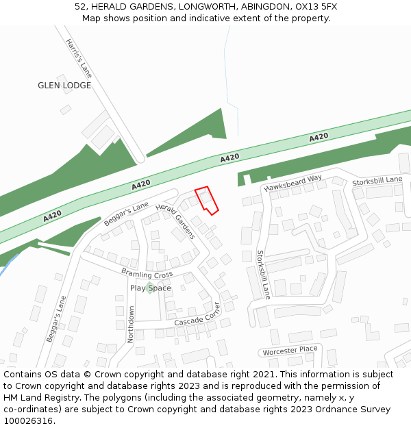 52, HERALD GARDENS, LONGWORTH, ABINGDON, OX13 5FX: Location map and indicative extent of plot