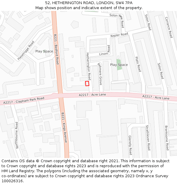 52, HETHERINGTON ROAD, LONDON, SW4 7PA: Location map and indicative extent of plot