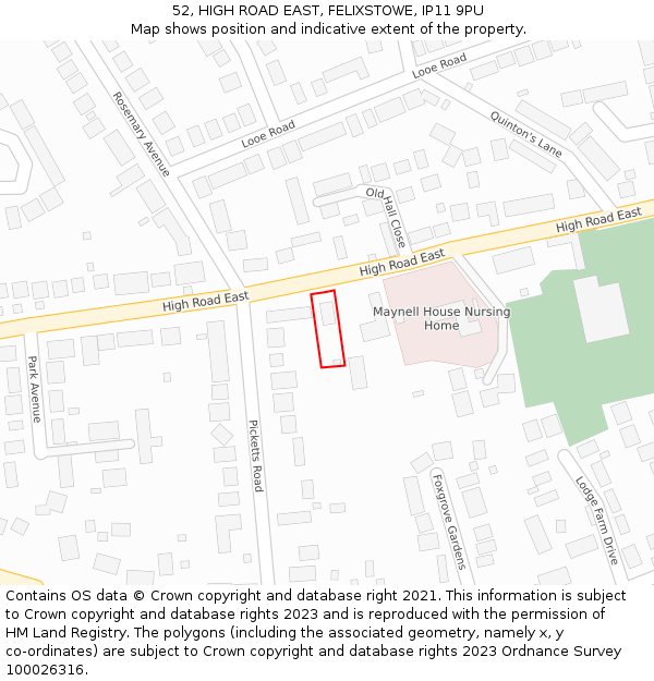 52, HIGH ROAD EAST, FELIXSTOWE, IP11 9PU: Location map and indicative extent of plot