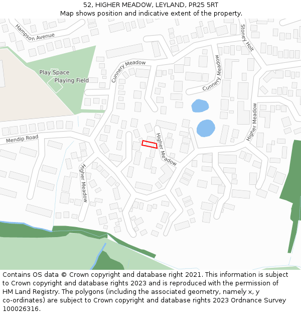 52, HIGHER MEADOW, LEYLAND, PR25 5RT: Location map and indicative extent of plot