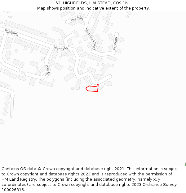 52, HIGHFIELDS, HALSTEAD, CO9 1NH: Location map and indicative extent of plot