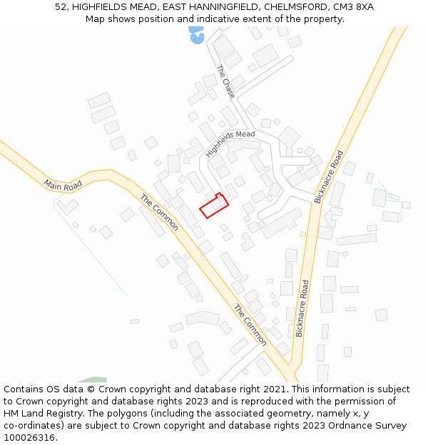 52, HIGHFIELDS MEAD, EAST HANNINGFIELD, CHELMSFORD, CM3 8XA: Location map and indicative extent of plot