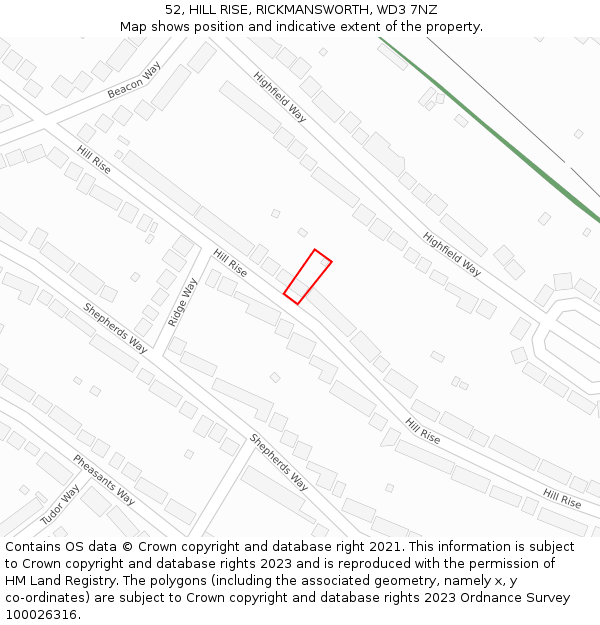 52, HILL RISE, RICKMANSWORTH, WD3 7NZ: Location map and indicative extent of plot