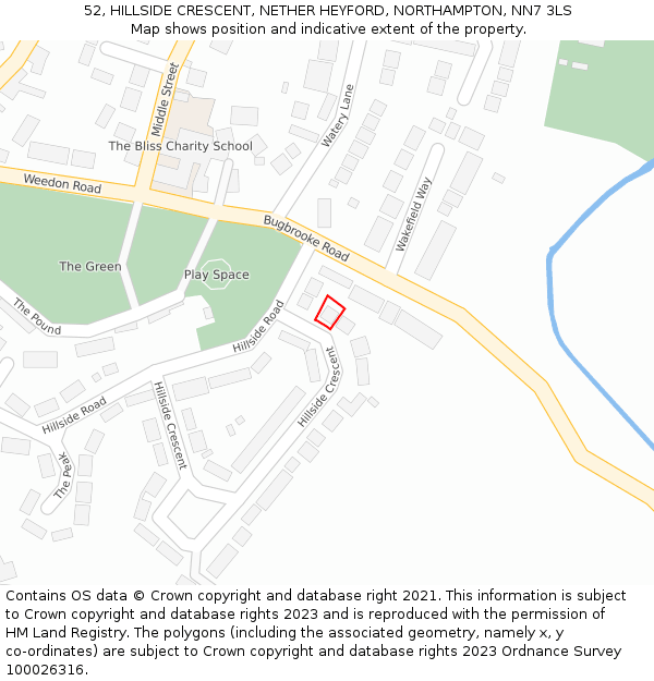 52, HILLSIDE CRESCENT, NETHER HEYFORD, NORTHAMPTON, NN7 3LS: Location map and indicative extent of plot