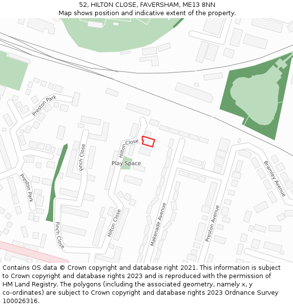 52, HILTON CLOSE, FAVERSHAM, ME13 8NN: Location map and indicative extent of plot
