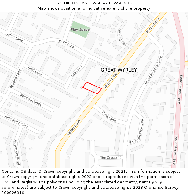 52, HILTON LANE, WALSALL, WS6 6DS: Location map and indicative extent of plot